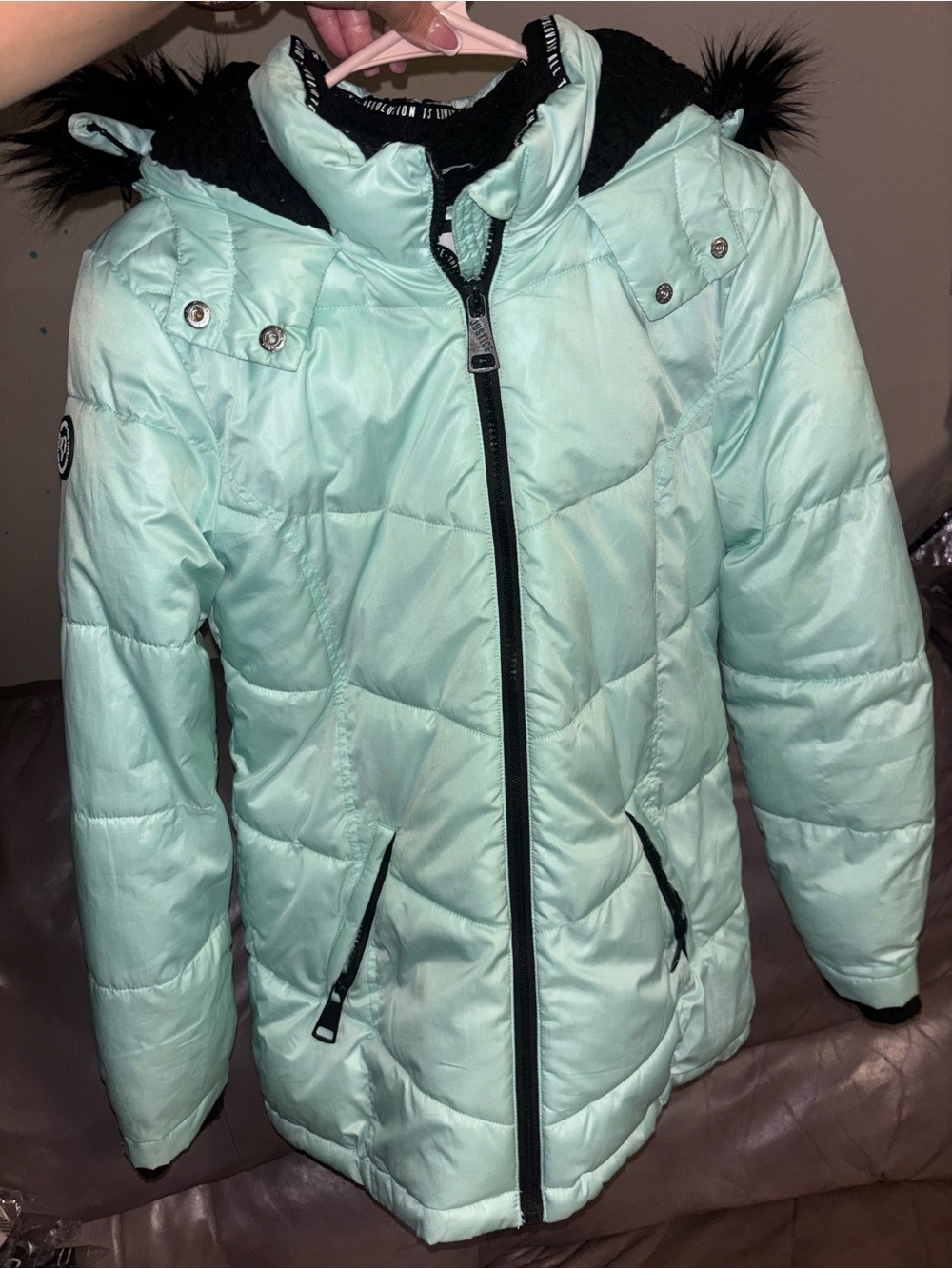 Justice Girls' Mint Puffer Jacket with Fur Hood